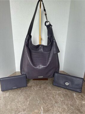Coach 3 Set Avery Croc Embossed Slouchy Hobo Leather Bag, Wallet & Card Holder